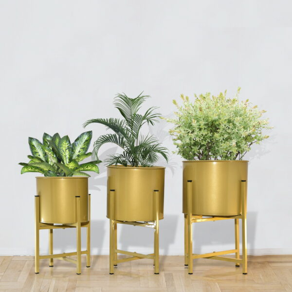 Set of 3 Gold Metal Planters with Matching Stands