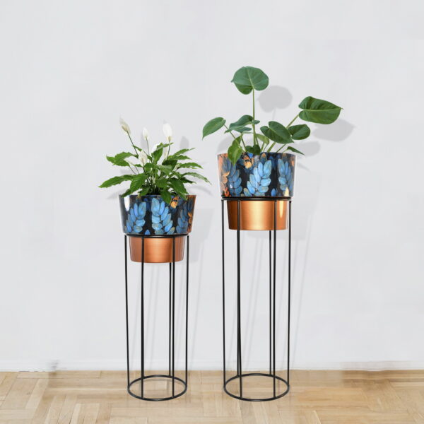 Blue Leaf & Copper Two-Tone Planters with Stands (Set of 2)