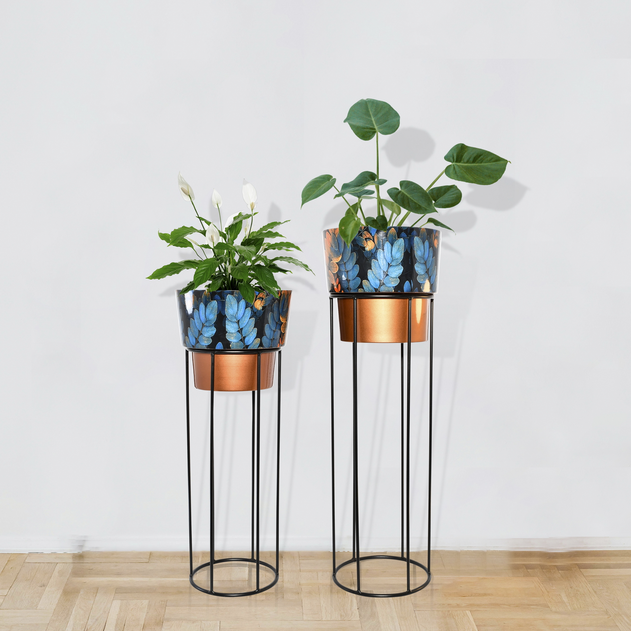 Woodluck Blue Leaf & Copper Two-Tone Planters with Stands (Set of 2) - Image 1