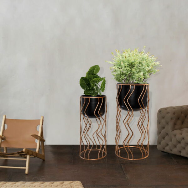 Sculptural Wave Design Planters in Black & Copper (Set of 2)